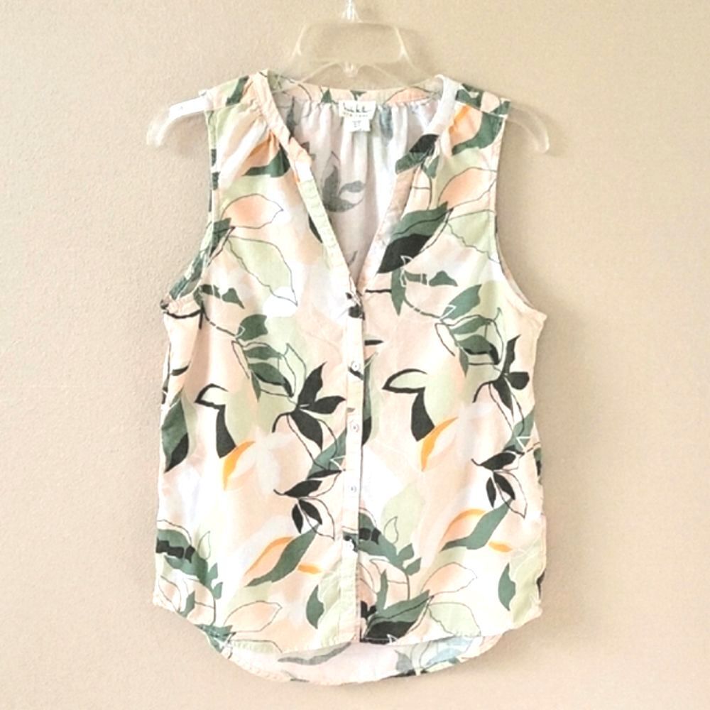 Nicole Miller Tropical Print Linen Blend Split Neck Sleeveless Blouse - Size M